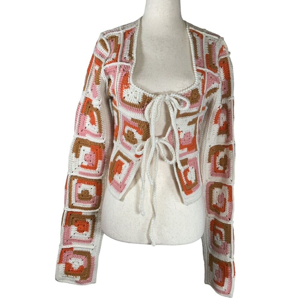 SEA NY Crochet Patchwork Cardigan Sweater Wool/Nylon Multicolor Jacket Size M